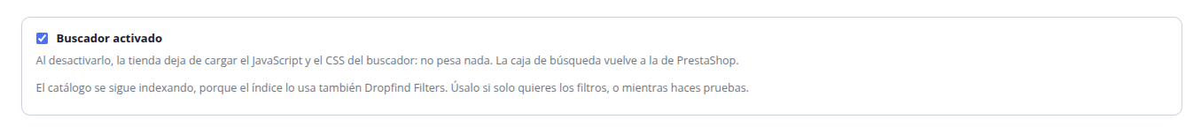 El interruptor maestro: al apagarlo la tienda deja de cargar el JavaScript y el CSS del buscador.