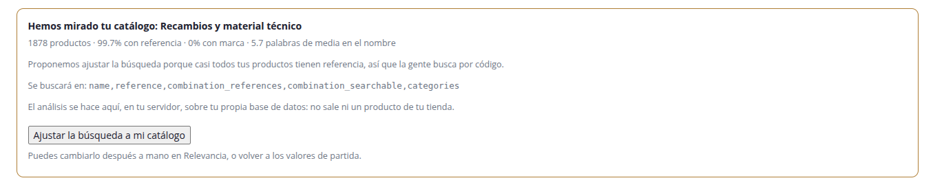El módulo mide tu catálogo y propone una configuración de búsqueda acorde.