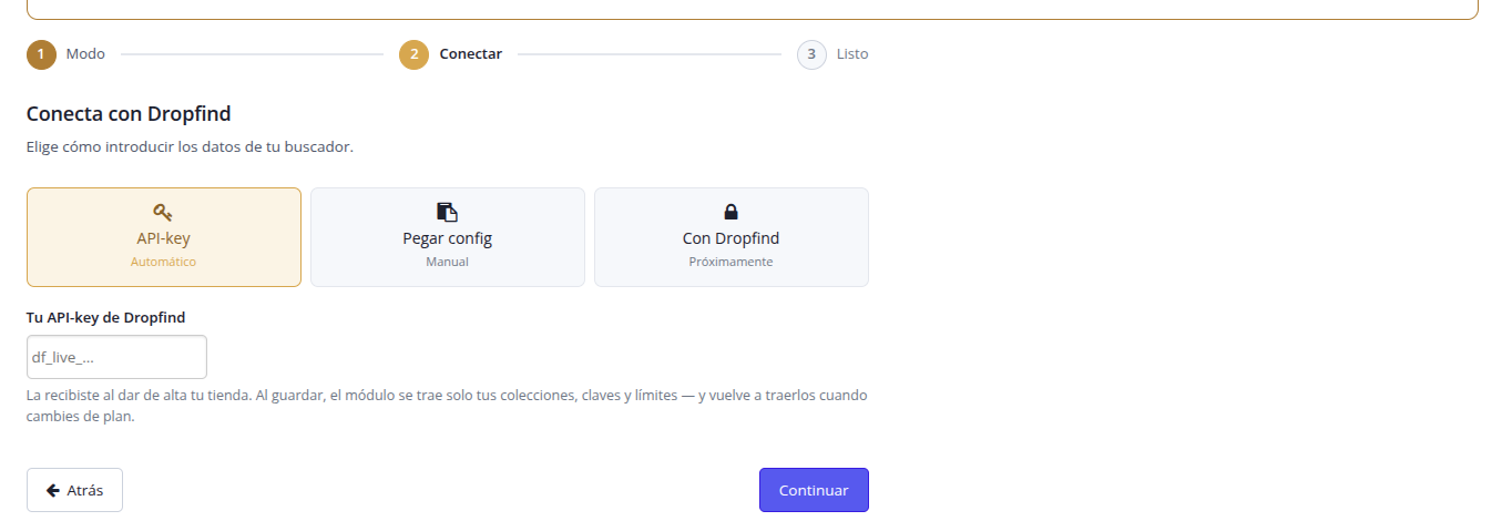 Pestaña Conexión, paso 2: se pega la clave y el módulo resuelve el resto.