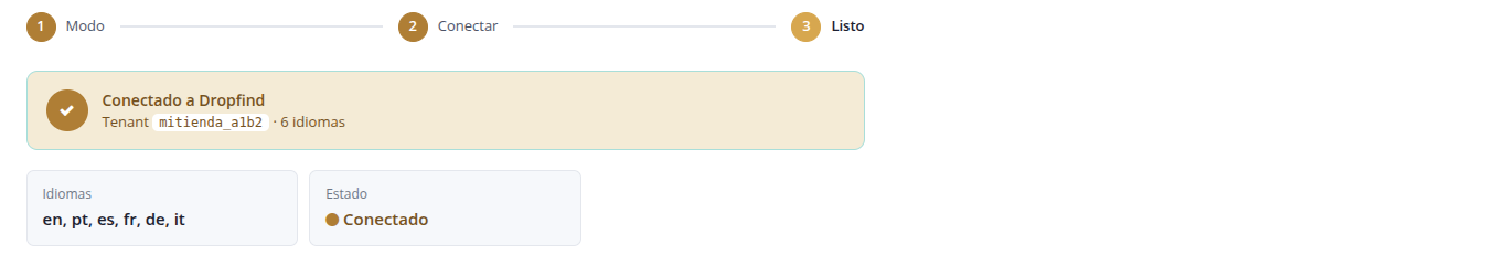 Cuando la conexión es correcta aparecen tu identificador y tus idiomas detectados.