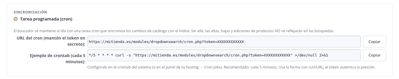 La URL del cron y la línea de crontab, listas para copiar. El token es tuyo: no lo publiques.