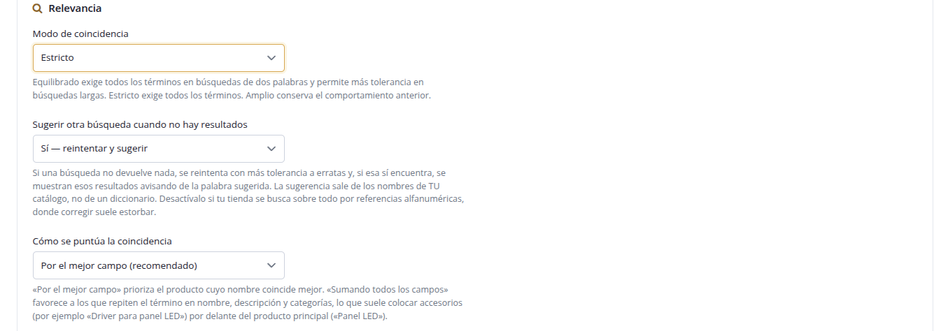 Modo de coincidencia, corrección automática y cómo se puntúa cada resultado.
